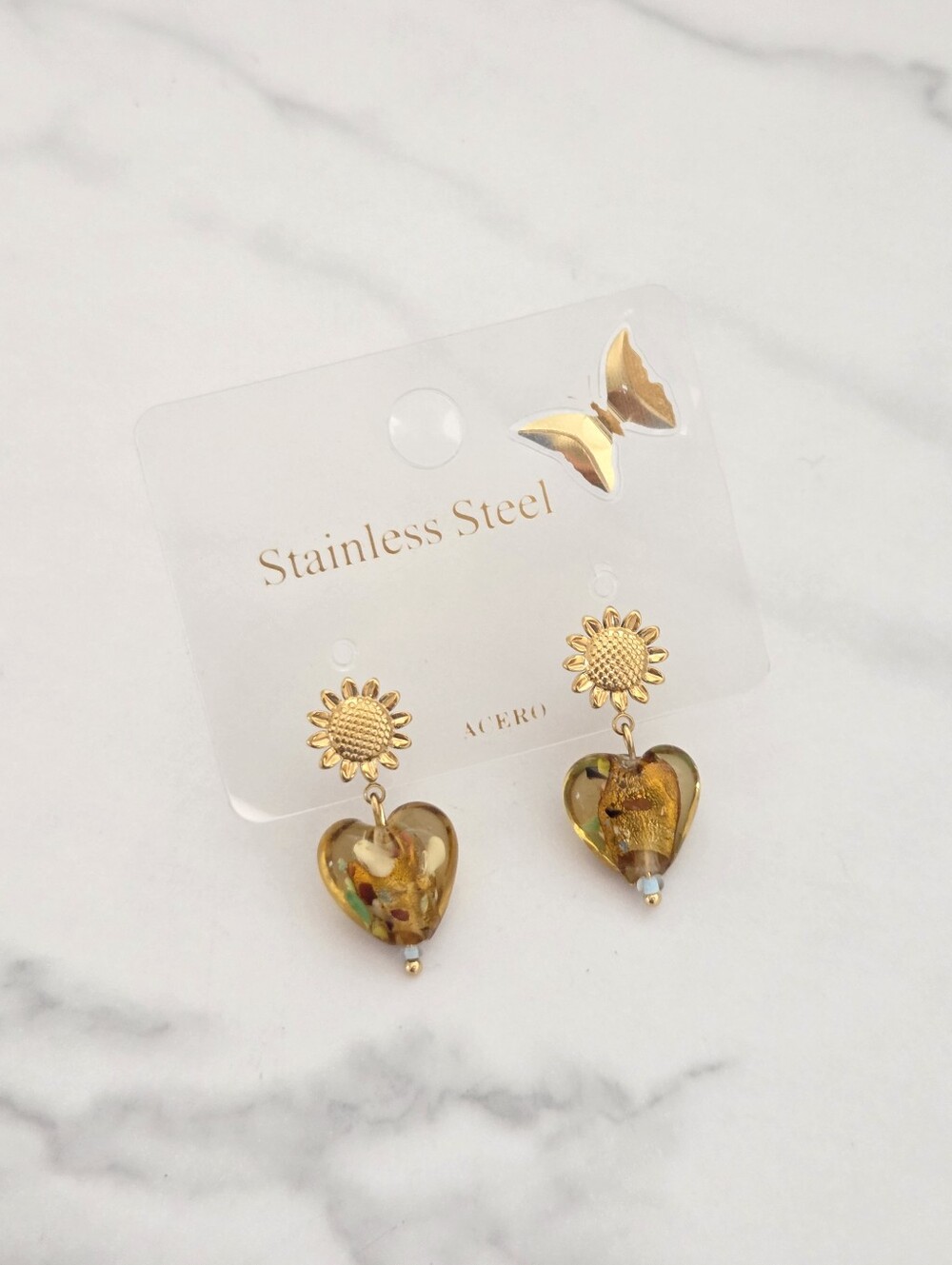 Gold Sunflower Amber Heart Dangle Drop Earrings Stainless Steel Boho Jewelry - Picture 2 of 13